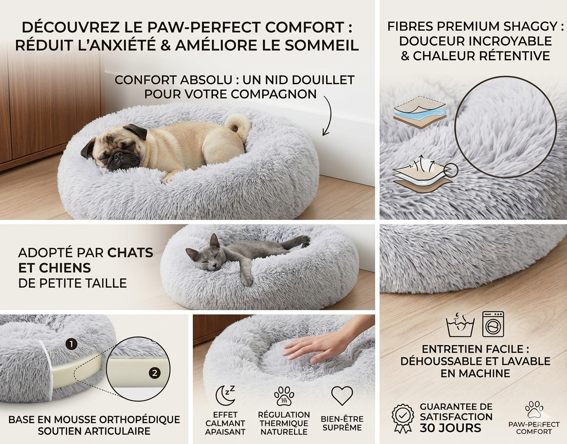 Lit coussin rond gris pour chien / chat confortable