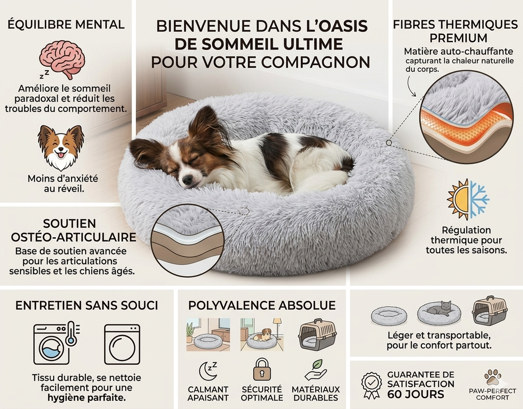 Lit coussin rond gris pour chien / chat confortable